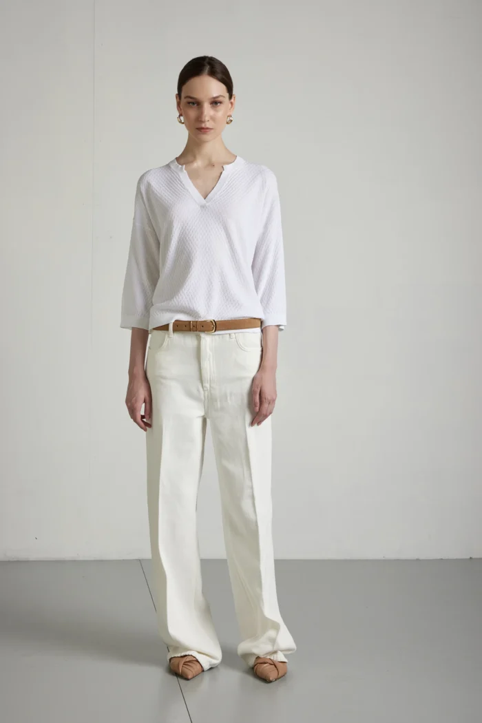 Cotton open Henley sweater with check-pattern stitch