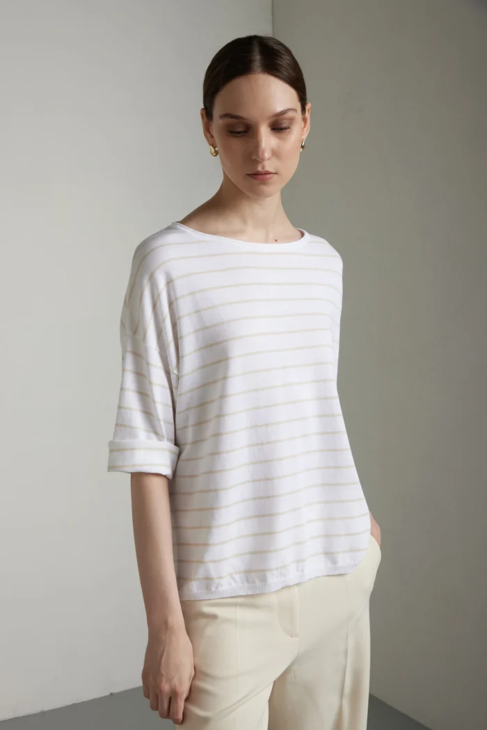 Two-tone striped cotton boat-neck sweater