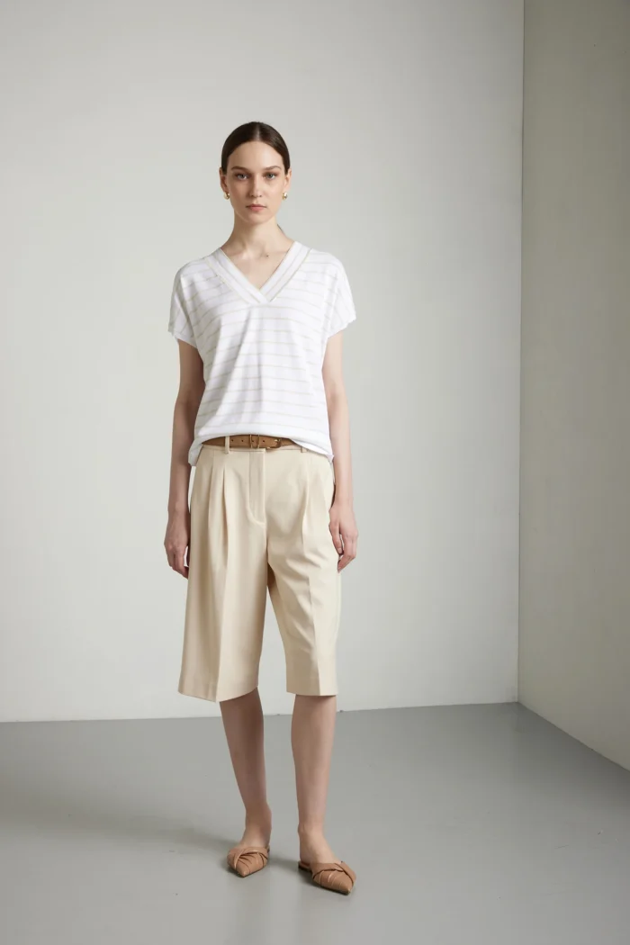 Maglia over scollo a v rigata bicolore  in  cotone