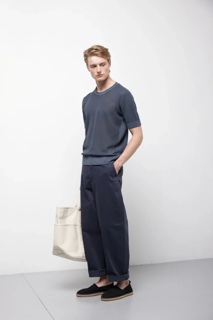 Vintage-dyed openwork short-sleeved jumper