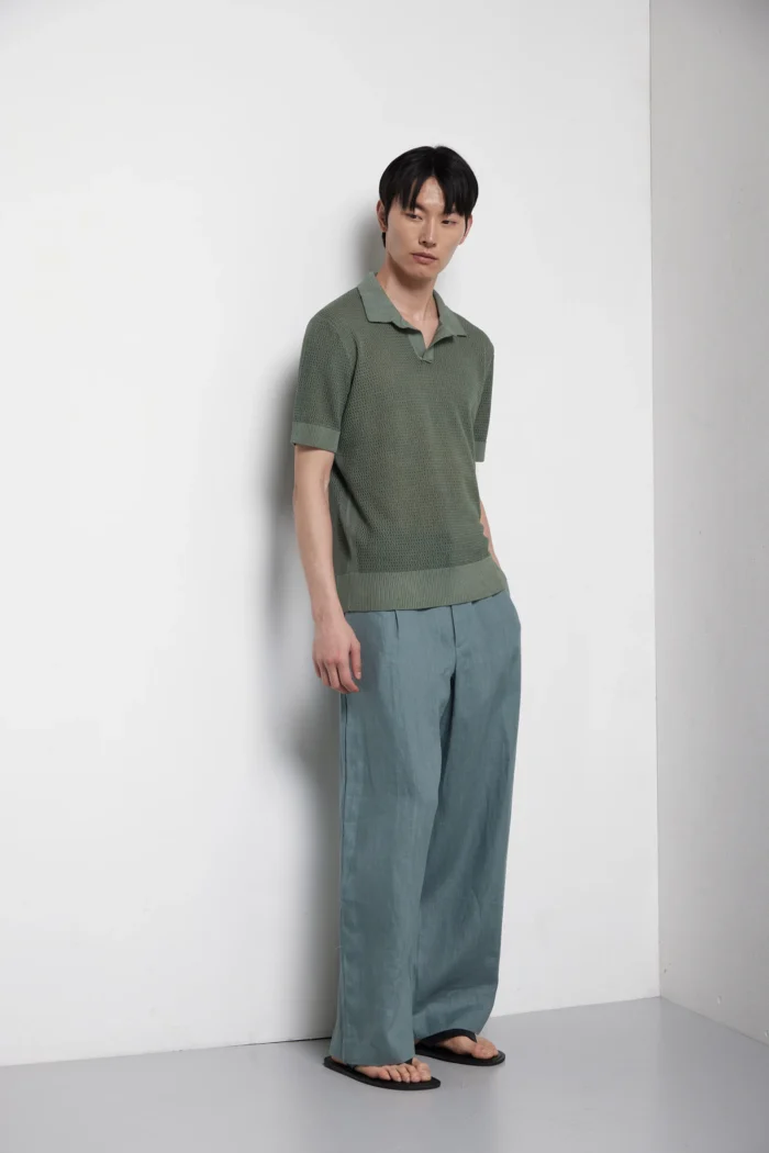 Vintage-dyed short-sleeved openwork polo shirt