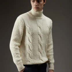 Maglia a collo alto con lavorazione a trecce e punto riso - Thumbnail Image 2